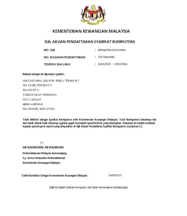 MOF Bumiputera Registration Certificate 2