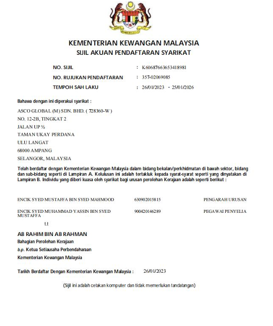 MOF Bumiputera Registration Certificate